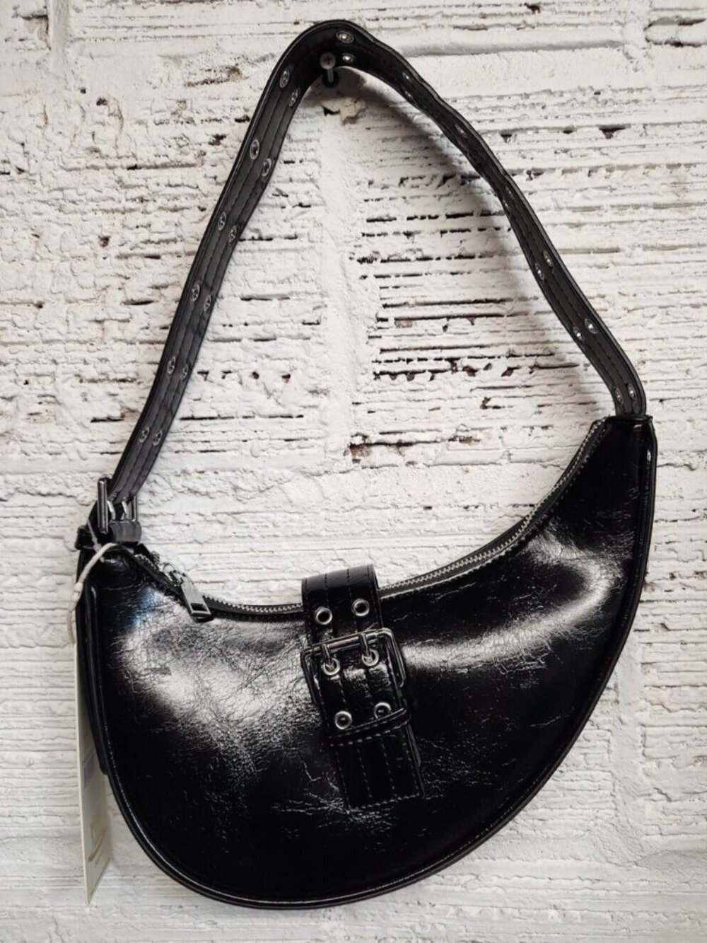NWT Madison West Bags Black Faux Leather Moon Saddle Shoulder Bag/Purse